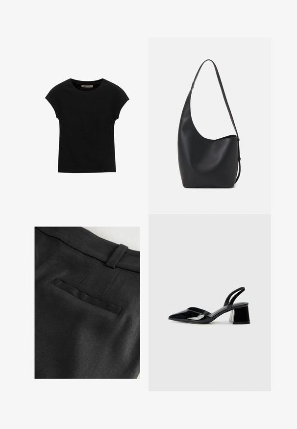 Čierne tričko s krátkym rukávom vyrobené z mäkkého materiálu, s okrúhlym výstrihom a voľným strihom, s hladkou textúrou a bez vzorov.; Next RICH TAILORED JORT - Šortky - black; Čierne lakované kožené sandálové podpätky s špicatou špičkou a geometrickým blokovým podpätkom. Disponujú elegantným, minimalistickým dizajnom a hladkým povrchom.; Čierna kožená hobo taška so hladkou textúrou, zakriveným tvarom a jedným nastaviteľným popruhom; má široké otvorenie na vrchu.