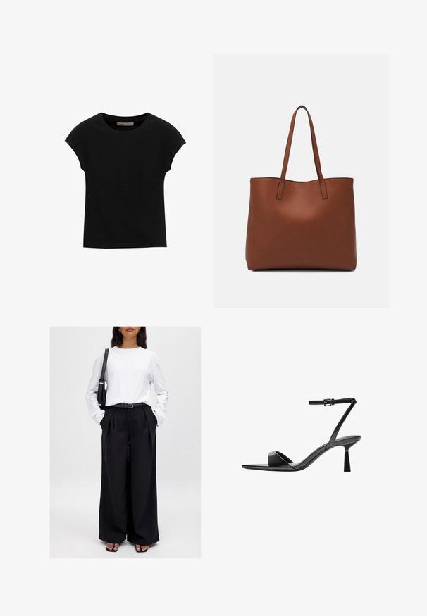 Schwarzes Kurzarm-T-Shirt aus weichem Stoff, mit Rundhalsausschnitt und lockerer Passform, glatter Textur und ohne Muster.; NA-KD Stoffhose - black; Bershka High Heel Sandalette - black; Braune Leder-Tote mit glatter Textur, offenem Oberteil und zwei Schulterriemen. Verfügt über minimale Nähte und keine sichtbaren Beschläge.