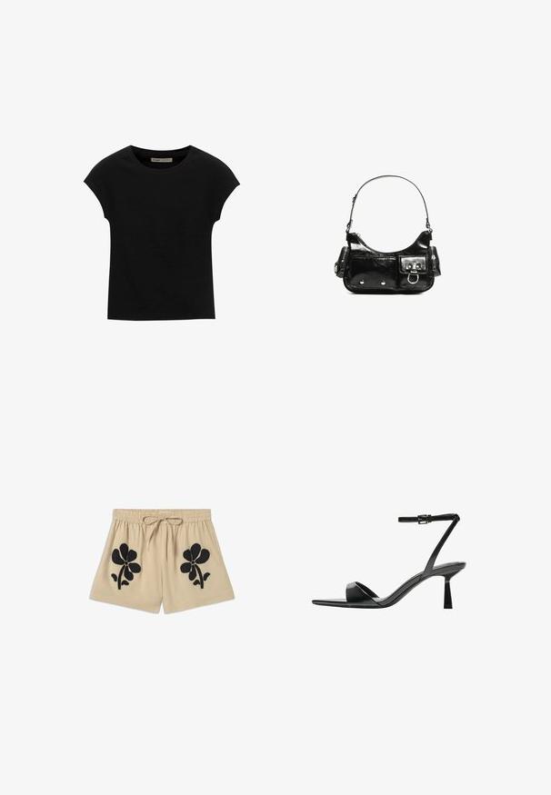 Schwarzes Kurzarm-T-Shirt aus weichem Stoff, mit Rundhalsausschnitt und lockerer Passform, glatter Textur und ohne Muster.; Beige Shorts aus Baumwolle mit einem elastischen Bund und Kordelzug. Mit schwarzen Blumenstickereien an beiden Seiten.; Bershka High Heel Sandalette - black; Schwarze Lackleder-Handtasche mit geschwungenem Design, einem Schulterriemen, Vordertaschen und silberfarbenen Hardware-Akzenten.