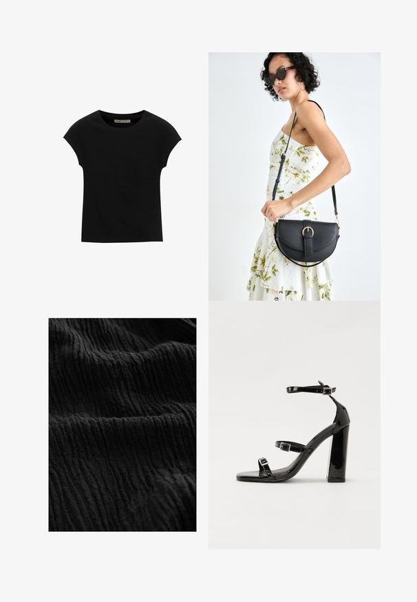 Schwarzes Kurzarm-T-Shirt aus weichem Stoff, mit Rundhalsausschnitt und lockerer Passform, glatter Textur und ohne Muster.; Schwarzer, zerknitterter Stoff mit einer strukturierten Oberfläche, der tiefe Rillen und verschiedene Farbtöne aufweist, was ein dimensionales Erscheinungsbild erzeugt.; Schwarze patentierte Sandalen mit Absatz, quadratischer Spitze, Knöchelriemen und silbernen Schnallen. Mit einem stabilen Blockabsatz für mehr Stabilität.; Schwarze Lederhandtasche mit geschwungener Form, abnehmbarem Tragegurt und goldenen Beschlägen. Die Tasche verfügt über einen Deckel mit einer Schnallen-Details.