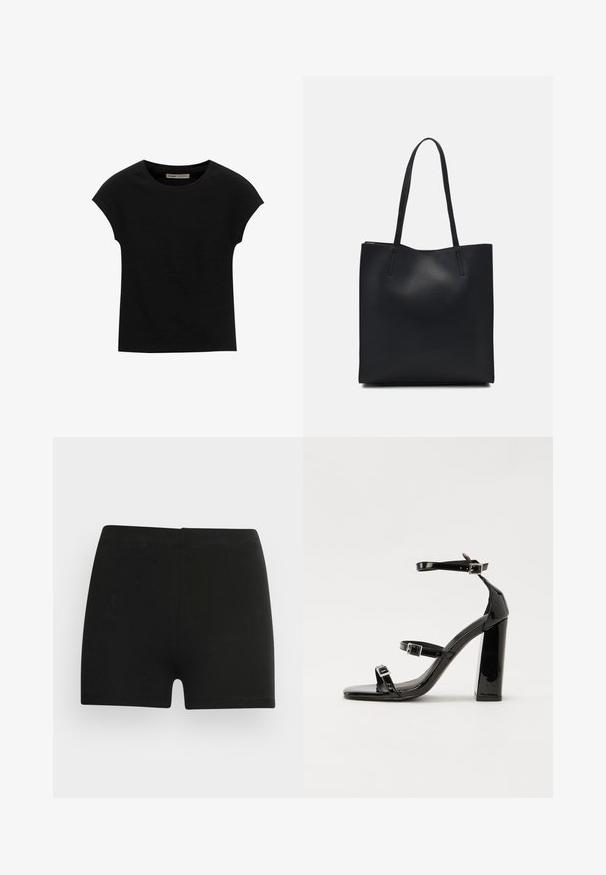 Mustat lyhythihaiset T-paidat, jotka on valmistettu pehmeästä kankaasta, pyöreä kaula-aukko ja rento istuvuus, sileä pinta eikä kuvioita.; Musta puuvillahousut, joissa on tiukka malli ja joustava vyötärö. Sileä rakenne, reiden keskiväliin ulottuva pituus, eikä näkyviä kuvioita tai korostuksia.; Musta kiiltävä korkokenkä sandaalit neliönmuotoisella varpaalla, nilkkaremmillä ja hopeisilla soljilla. Varustettu tukevalla lohkokorkealla vakauden takaamiseksi.; Mustapahkainen kangaskassi, jossa on sileä pinta, suorakaiteen muotoinen ja kaksi pitkää kahvaa. Ei näkyvää metalliosaa tai koristeita.