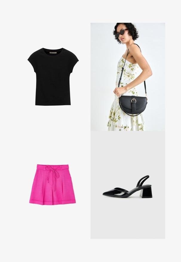 Zwarte korte mouwen t-shirt gemaakt van zachte stof, met een ronde halslijn en een ontspannen pasvorm, met een gladde textuur en zonder patronen.; Roze shorts van lichtgewicht stof met een gestrikt tailleband, met plooien en twee zijzakken. Gladde textuur, casual ontwerp.; Zwarte gepatineerde leren slingback hakken met een spitse neus en een geometrische blokhak. Kenmerkt zich door een slank, minimalistisch ontwerp en een gladde textuur.; Zwarte leren handtas met een gebogen vorm, afneembare schouderband en gouden hardware. De tas heeft een klep met een gespsluiting.