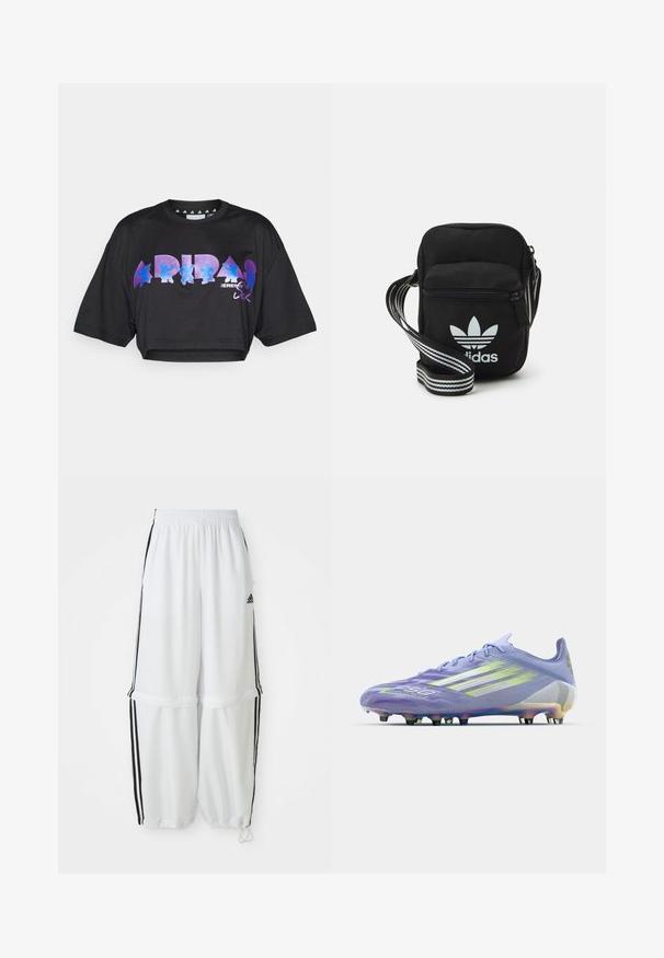 Črna skrajšana majica iz lahkotnega materiala, ki na sprednji strani vsebuje veliko grafično besedilo v vijolični in modri barvi ter oblikovne elemente, z kratkimi rokavi.; Bele športne hlače s sproščenim krojem, elastičnim pasom in črnimi stranskimi črtami. Imajo žepke na zadrgo in elastične manšete na gležnjih.; Svetlo vijolične nogometne klope z iridescentnimi akcenti, teksturirani vzorec na zgornjem delu, šest črnih studov in tri bele črte na strani.; Črna tkaninska torbica čez ramo z zadrgo, ki vsebuje belo Adidasovo logo in pridelano naramnico z več črtami za enostavno nošenje.