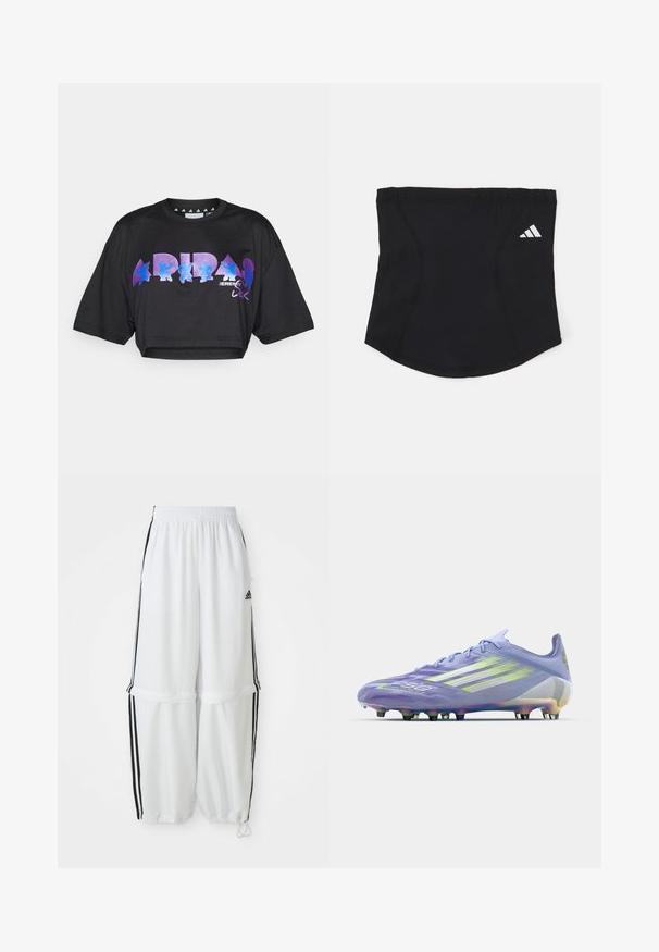 Czarny krótki t-shirt z lekkiego materiału, z dużym fioletowym i niebieskim graficznym tekstem oraz elementami wzorniczymi z przodu, z krótkimi rękawami.; Białe sportowe spodnie o luźnym kroju, z elastycznym paskiem w talii i czarnymi paskami bocznymi. Posiadają kieszenie na zamek oraz elastyczne mankiety przy kostkach.; Jasnofioletowe korki do piłki nożnej z irydyscencyjnymi akcentami, teksturowanym wzorem na cholewce, sześcioma czarnymi wkrętami i trzema białymi paskami z boku.; Czarna sportowa opaska na głowę o gładkiej fakturze, zakrzywionym kształcie i elastycznym szczycie. Posiada małe, białe logo Adidas po boku.