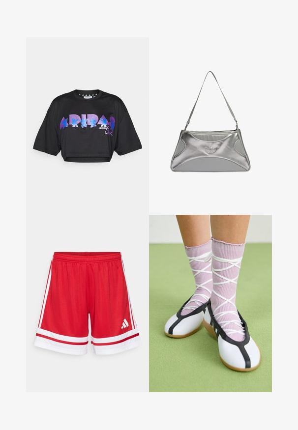 Zwarte cropped t-shirt van lichtgewicht stof, met grote paarse en blauwe grafische tekst en ontwerpelementen aan de voorkant, met korte mouwen.; Rode sportshorts met een elastische tailleband, witte zijstrepen en witte accenten aan de zoom. Bevat het Adidas-logo in het wit.; Witte platte schoenen met een zwarte bies en zool, gecombineerd met lichtpaarse geribde sokken met witte kruislings banden. Geplaatst op een groene achtergrond.; Zilveren metallic handtas met een slank, gestructureerd ontwerp, voorzien van een textuur-holte, een schouderband en een reliëflogo-accent.