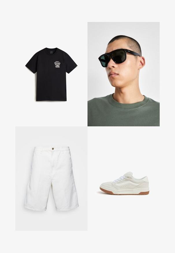 Black cotton t-shirt featuring a white graphic text design on the left chest that reads "It's a Warped World Vans." Classic crew neck style.; White cotton shorts with a straight cut, featuring a button closure and belt loops, smooth texture, and knee-length design.; Men's sneaker in light gray suede with white laces, rubber sole in gum brown, featuring stitched accents and perforated detailing.; Black rectangular sunglasses with dark lenses, featuring a distinctive shape and branding on the temple. Worn by a person in a green shirt.