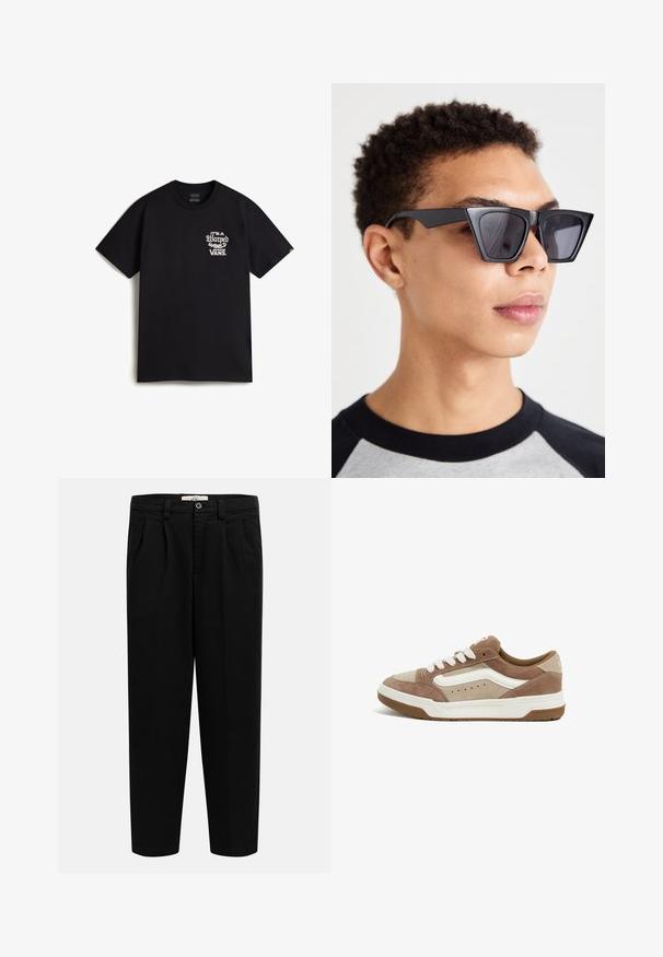 Camiseta de algodón negra con un diseño gráfico en texto blanco en el lado izquierdo del pecho que dice "Es un mundo distorsionado Vans." Estilo clásico de cuello redondo.; Pantalones negros de talle alto y pierna recta con trabillas para cinturón, pinzas delanteras, bolsillos laterales y cierre de botón en la cintura.; Zapatillas de ante marrón y beige con una franja lateral blanca texturizada, punta redonda, collar acolchado y cordones blancos. Suela de goma con patrón de tracción.; Gafas de sol negras angulares con lentes oscuros, que presentan un diseño geométrico audaz y un acabado mate. Llevadas por una persona con cabello corto.