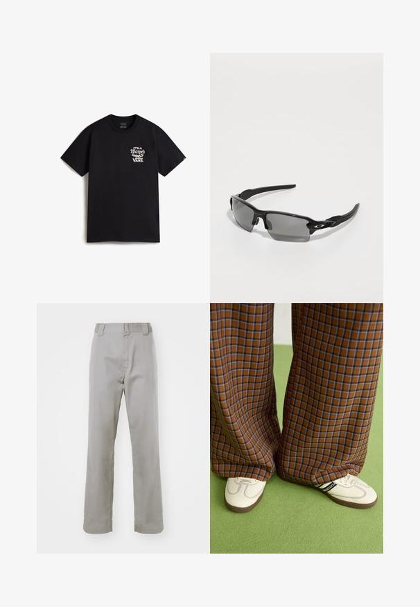 Musta puuvillapaita, jossa on valkoinen graafinen tekstimuotoilu vasemmassa rinnassa, joka lukee "Se on vääristynyt maailma Vans." Klassinen pyöreä pääntie tyyli.; Harmaat puuvilla housut suoran lahkeen muotoilulla, jotka sisältävät litteän etuosan, vyölenkit ja sileän pinnan.; Ruskonsin ja sininen ruutukuvioinen leveälahkeinen housut yhdistettynä valkoisiin kenkiin, joissa on mustia yksityiskohtia ja tekstuuripohjat, vihreää taustaa vasten.; Musta urheilulasit harmailla linsseillä, kaarevalla kehysdesignilla ja logotiedoilla sivussa. Valmistettu kevyestä muovimateriaalista.