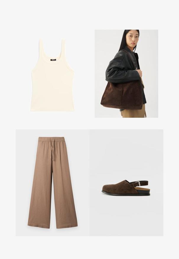 Svetle béžový tílko vyrobené z ribbovaného materiálu, s kulatým výstřihem a širokými ramínky, s přiléhavým střihem a minimálním zdobením.; Kalhoty s širokými nohavicemi z jemně hnědého materiálu, s elastickým pasem a tkaničkou a hladkým, texturovaným povrchem.; Hnědá semišová slip-on obuv s nízkým podpatkem, nastavitelným páskem se stříbrnou sponou a černou gumovou podrážkou.; Hnědá semišová taška přes rameno s širokým tvarem a měkkou texturou, s jedním popruhem a minimálním kovovým doplňkem na neutrálním pozadí.