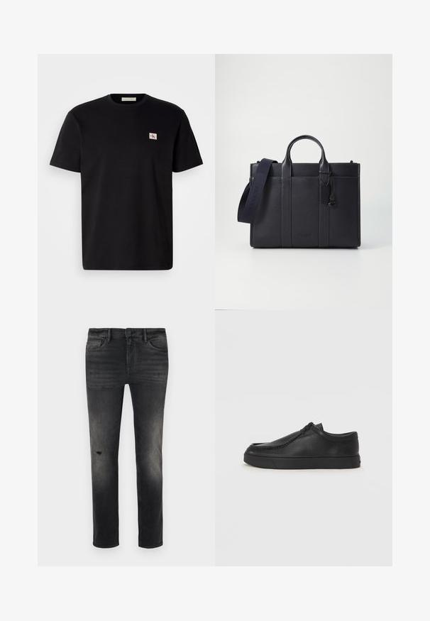 Crna pamučna majica s kratkim rukavima, okruglog izreza, s malim izvezenim logotipom na lijevoj strani prsnog koša. Glatka tekstura, regularan kroj.; Užeđene crne traperice s izblijedjelim dijelovima, laganim oštećenjima oko koljena, pet džepova i standardnim zatvaranjem na dugme i patentni zatvarač.; Crne kožne cipele bez vezivanja s okruglim vrhom, šivanim detaljima i crnom gumenom potplatom. Glatka tekstura s minimalističkim dizajnom.; Tamno plavi kožni aktovka s dvije gornje ručke i odvojivim remenom. Ima teksturiranu površinu, vertikalno šivenje i detalj s logotipom.
