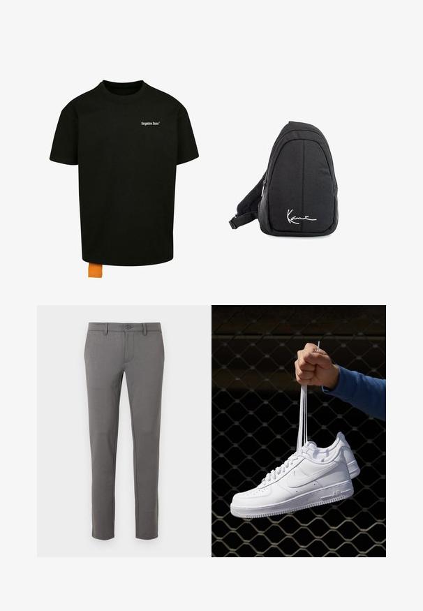 Black cotton t-shirt with a loose fit, crew neck, and short sleeves. Features white text logo on the chest and an orange tag at the hem.; Grey tailored chinos featuring a slim fit, smooth cotton blend fabric, front button closure, and subtle stitching details.; White leather sneakers with perforations, round toe, flat sole, and thick laces, featuring a visible swoosh logo and "AIR" on the heel.; Black fabric sling backpack with a smooth texture, featuring a curved design, zippered compartment, and a white logo on the front.