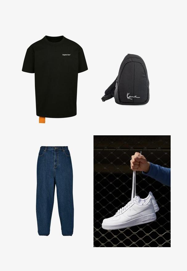 Svart bomulls t-shirt med en lös passform, rundad hals och korta ärmar. Har vit textlogotyp på bröstet och en orange etikett vid fållen.; Mörkblå denimjeans med avslappnad passform, hög midja och elastiska manschetter. Har en knappstängning fram och fem fickor.; Vita lädersneakers med perforeringar, rund tå, platt sula och tjocka snörning, med en synlig swoosh-logga och "AIR" på hälen.; Svart tyg sling ryggsäck med en mjuk textur, med en rundad design, en dragkedjefack och en vit logotyp på framsidan.