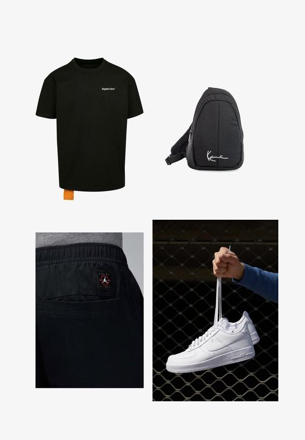 Fekete pamut póló laza szabással, kerek nyakkal és rövid ujjakkal. Fehér szöveges logóval a mellrészen és narancssárga címkével az alján.; Fekete sportos rövidnadrág, elasztikus derékpánttal, hátizsákkal és vörös-fehér Jordan Brand logóval.; Fehér bőr sportcipők perforációval, kerek orral, lapos talppal és vastag fűzőkkel, látható swoosh logóval és "AIR" felirattal a sarokrészen.; Fekete szövet válltáska sima textúrával, ívelt kialakítással, cipzáras rekesszel, és egy fehér logóval az elején.