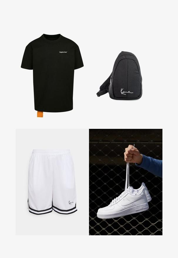 Camiseta de algodón negra con un corte holgado, cuello redondo y mangas cortas. Presenta un logotipo en texto blanco en el pecho y una etiqueta naranja en el dobladillo.; Bermudas deportivas blancas hechas de un tejido ligero, con un dobladillo a rayas negras y un logotipo distintivo en la parte inferior izquierda delantera.; Zapatillas de cuero blanco con perforaciones, punta redonda, suela plana y cordones gruesos, con un logo de swoosh visible y "AIR" en el talón.; Mochila de tela negra tipo bandolera con una textura suave, que presenta un diseño curvado, un compartimento con cremallera y un logo blanco en la parte frontal.