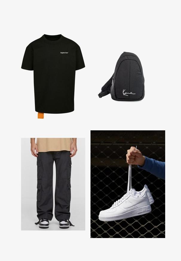 Sort bomulds t-shirt med løs pasform, rund hals og korte ærmer. Har et hvidt tekstlogo på brystet og et orange mærke i kanten.; Svarte cargo bukser lavet af bomuld, med flere sidelommer, en loose fit og justerbare snore ved anklerne. Kombineret med sorte og hvide sneakers.; Hvide lædersneakers med perforeringer, rund tå, flad sål og tykke snørebånd, med et synligt swoosh-logo og "AIR" på hælen.; Sort stof sling rygsæk med en glat overflade, som har en buet design, lynlåslomme og et hvidt logo på forsiden.