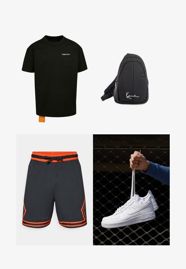 Juodas medvilnės marškinėliai laisvu kirpimu, apvalia iškirpte ir trumpomis rankovėmis. Pirmoje pusėje yra balta tekstinė logo ir oranžinė etiketė ant apačios.; Juodi sportiniai šortai su oranžiniais akcentais, pasižymintys tinklinio tekstūra, elastingu juosmeniu su raišteliu ir kontrastinėmis šoninėmis juostomis.; Balti odiniai sportiniai bateliai su perforacijomis, apvalia nosimi, plokščiu padu ir storomis raištelėmis, su matomu swoosh logotipu ir "AIR" ant kulno.; Juodas audinio petinis krepšys su lygiu paviršiumi, turintis kreivą dizainą, užtrauktuku uždaromą skyrių ir baltą logotipą priekyje.