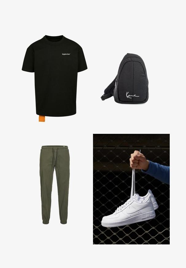 T-shirt en coton noir avec une coupe décontractée, col rond et manches courtes. Présente un logo en texte blanc sur la poitrine et une étiquette orange à l'ourlet.; Pantalons de jogging vert olive avec une taille élastique, fermeture à cordon de serrage et poignets fuselés. Fabriqués en tissu en coton texturé et doux.; Baskets en cuir blanc avec perforations, à bout rond, semelle plate et lacets épais, arborant un logo swoosh visible et "AIR" sur le talon.; Sac à dos en toile noire avec une texture lisse, arborant un design courbé, un compartiment zippé et un logo blanc sur le devant.