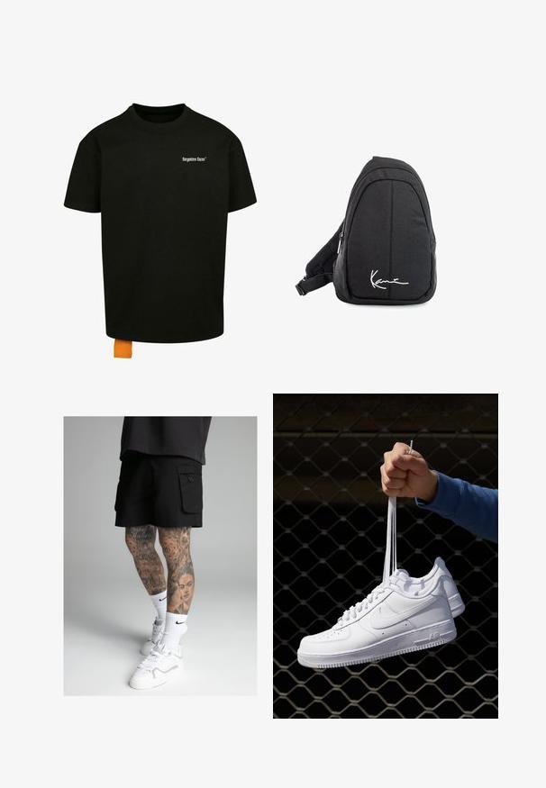 Sort bomulds t-shirt med løs pasform, rund hals og korte ærmer. Har et hvidt tekstlogo på brystet og et orange mærke i kanten.; Sorte cargo shorts med sidelommer, der har en glat tekstur. Båret med hvide sportssokker og sneakers. Detaljerede tatoveringer på benene.; Hvide lædersneakers med perforeringer, rund tå, flad sål og tykke snørebånd, med et synligt swoosh-logo og "AIR" på hælen.; Sort stof sling rygsæk med en glat overflade, som har en buet design, lynlåslomme og et hvidt logo på forsiden.