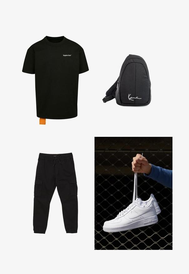 T-shirt en coton noir avec une coupe décontractée, col rond et manches courtes. Présente un logo en texte blanc sur la poitrine et une étiquette orange à l'ourlet.; Pantalons cargo noirs avec taille élastique et poignets à la cheville, fermeture à cordon, poches latérales à rabat et poches avant pour les mains.; Baskets en cuir blanc avec perforations, à bout rond, semelle plate et lacets épais, arborant un logo swoosh visible et "AIR" sur le talon.; Sac à dos en toile noire avec une texture lisse, arborant un design courbé, un compartiment zippé et un logo blanc sur le devant.