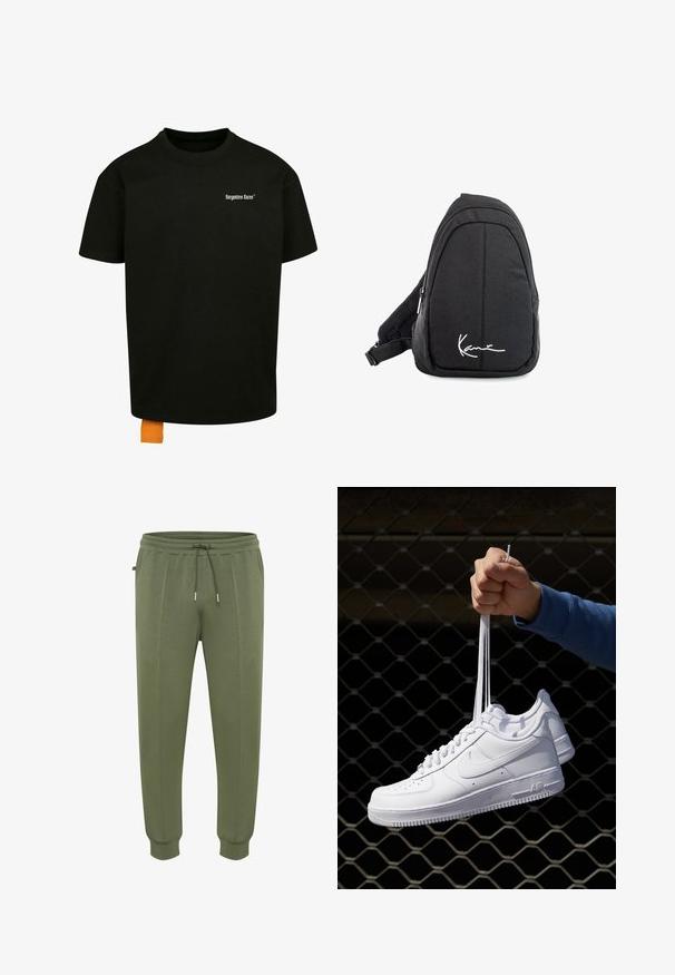 Black cotton t-shirt with a loose fit, crew neck, and short sleeves. Features white text logo on the chest and an orange tag at the hem.; Olive green joggers made from soft fabric, featuring a drawstring waist, side pockets, and ribbed cuffs for a snug fit.; White leather sneakers with perforations, round toe, flat sole, and thick laces, featuring a visible swoosh logo and "AIR" on the heel.; Black fabric sling backpack with a smooth texture, featuring a curved design, zippered compartment, and a white logo on the front.
