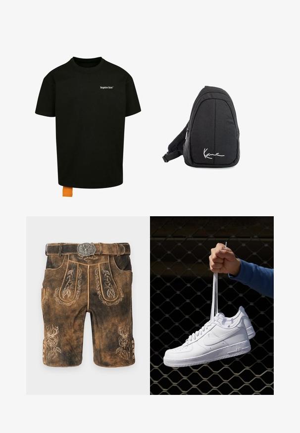 Camiseta de algodón negra con un corte holgado, cuello redondo y mangas cortas. Presenta un logotipo en texto blanco en el pecho y una etiqueta naranja en el dobladillo.; Pantalones cortos de cuero marrón que presentan intrincados bordados y un cinturón con hebilla plateada. Decorados con patrones de hojas y un diseño de ciervo en el costado.; Zapatillas de cuero blanco con perforaciones, punta redonda, suela plana y cordones gruesos, con un logo de swoosh visible y "AIR" en el talón.; Mochila de tela negra tipo bandolera con una textura suave, que presenta un diseño curvado, un compartimento con cremallera y un logo blanco en la parte frontal.