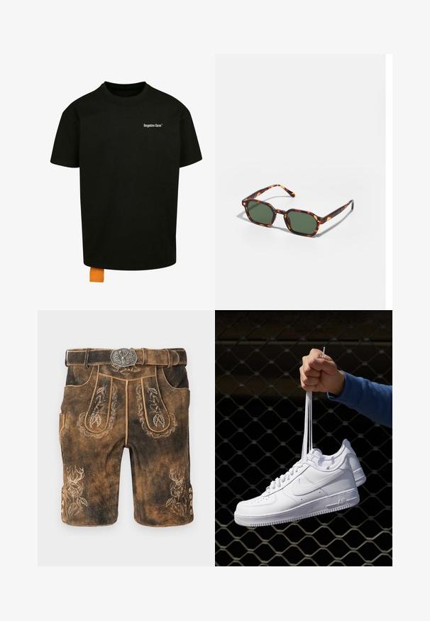 Sort bomulds t-shirt med løs pasform, rund hals og korte ærmer. Har et hvidt tekstlogo på brystet og et orange mærke i kanten.; Brune lædershorts med detaljeret broderi og et sølvspænde bælte. Udsmykket med bladmønstre og et hjorte-design på siden.; Hvide lædersneakers med perforeringer, rund tå, flad sål og tykke snørebånd, med et synligt swoosh-logo og "AIR" på hælen.; Skildpaddefarvede solbriller med grønne linser, der har en oktagonal form og slanke, buede arme. Materialet har en blank finish.