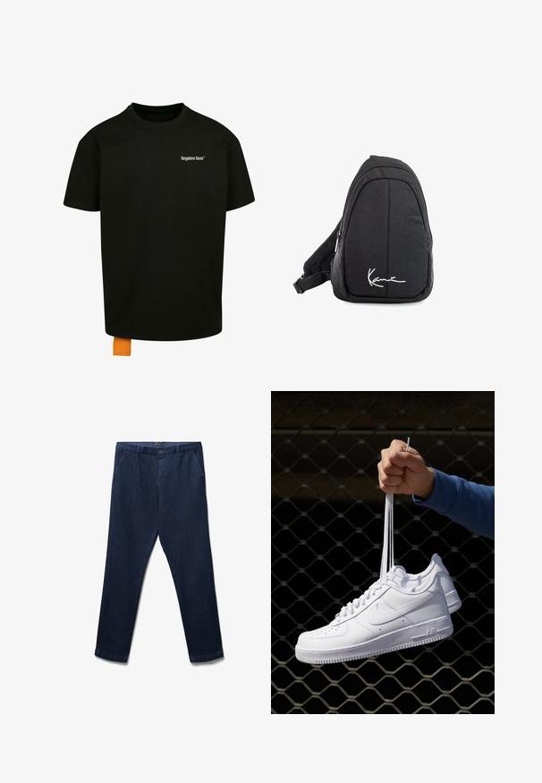 Schwarzes Baumwoll-T-Shirt mit lockerer Passform, Rundhalsausschnitt und kurzen Ärmeln. Mit weißem Textlogo auf der Brust und einem orangefarbenen Etikett am Saum.; Marineblaue Hosen mit geradem Schnitt, gefertigt aus weichem Denimstoff. Verfügt über Fronttaschen und einen Knopfverschluss an der Taille.; Weiße Leder-Sneaker mit Perforationen, runder Zehenpartie, flacher Sohle und dicken Schnürsenkeln, mit sichtbar eingesticktem Swoosh-Logo und "AIR" an der Ferse.; Schwarzer Stoff-Sling-Rucksack mit glatter Textur, gekennzeichnet durch ein geschwungenes Design, ein Reißverschlussfach und einem weißen Logo auf der Vorderseite.