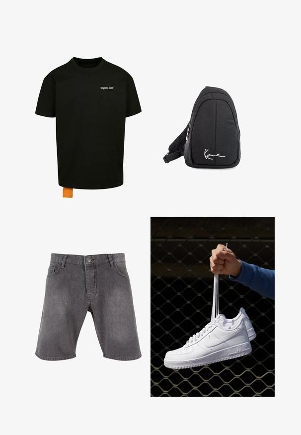 Melnas kokvilnas T-krekls ar brīvu piegriezumu, apaļu kakla izgriezumu un īsām piedurknēm. Uz krūtīm ir balts teksta logo, un apakšmalā ir oranžs uzšuves tags.; Tumši pelēki džinsi šorti ar taisnu piegriezumu, priekšējām kabatām un pogu aizdari. Iezīmējas ar smalku tekstūru un augšējo šuvju detaļām.; Baltas ādas sporta apavi ar perforācijām, apaļu purngali, plakanu zoli un biezām šņorēm, ar redzamu swoosh logo un vārdu "AIR" uz papēža.; Melnas auduma siksnu mugursoma ar gludu tekstūru, ar izliekta dizaina, ar rāvējslēdzēju, un uz priekšu ir balts logo.