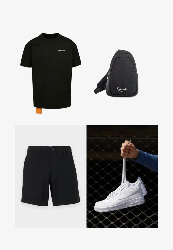 Tricou din bumbac negru, cu o croială lejeră, gât rotund și mâneci scurte. Prezintă un logo din text alb pe piept și un etichetă portocalie la tiv.; Șorturi negre din bumbac, cu închidere prin buton, buzunare laterale și un design drept. Țesătura are o textură netedă și un finisaj simplu.; Adidași albaștri din piele cu perforații, vârf rotund, talpă plată și șireturi groase, cu un logo swoosh vizibil și cu inscripția "AIR" pe toc.; Rucsac tip sling din țesătură neagră, cu o textură netedă, având un design curbat, compartiment cu fermoar și un logo alb pe partea din față.