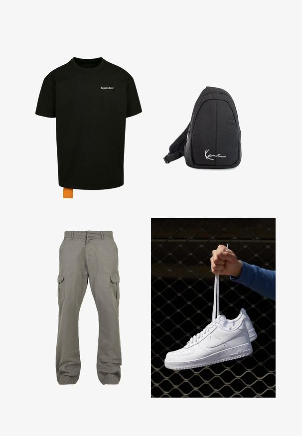 Fekete pamut póló laza szabással, kerek nyakkal és rövid ujjakkal. Fehér szöveges logóval a mellrészen és narancssárga címkével az alján.; Világosszürke anyagú cargo nadrág, egyenes szárú dizájnnal, több oldalsó zsebbel és gombos záródással a biztos illeszkedés érdekében.; Fehér bőr sportcipők perforációval, kerek orral, lapos talppal és vastag fűzőkkel, látható swoosh logóval és "AIR" felirattal a sarokrészen.; Fekete szövet válltáska sima textúrával, ívelt kialakítással, cipzáras rekesszel, és egy fehér logóval az elején.