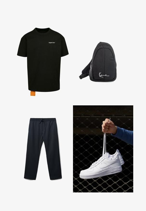 Schwarzes Baumwoll-T-Shirt mit lockerer Passform, Rundhalsausschnitt und kurzen Ärmeln. Mit weißem Textlogo auf der Brust und einem orangefarbenen Etikett am Saum.; Marineblaue Sweatpants mit elastischem Bund und Kordelzug. Mit Seiten taschen und einem glatten, leichten Stoff. Gerades Bein Design.; Weiße Leder-Sneaker mit Perforationen, runder Zehenpartie, flacher Sohle und dicken Schnürsenkeln, mit sichtbar eingesticktem Swoosh-Logo und "AIR" an der Ferse.; Schwarzer Stoff-Sling-Rucksack mit glatter Textur, gekennzeichnet durch ein geschwungenes Design, ein Reißverschlussfach und einem weißen Logo auf der Vorderseite.