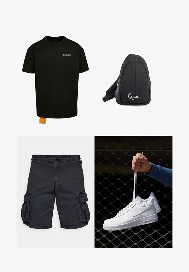 Fekete pamut póló laza szabással, kerek nyakkal és rövid ujjakkal. Fehér szöveges logóval a mellrészen és narancssárga címkével az alján.; Fekete cargo short, pamutból készült, több oldalsó zsebbel, cipzáras fronttal és övhurkokkal. Tartós anyag, látható varrással.; Fehér bőr sportcipők perforációval, kerek orral, lapos talppal és vastag fűzőkkel, látható swoosh logóval és "AIR" felirattal a sarokrészen.; Fekete szövet válltáska sima textúrával, ívelt kialakítással, cipzáras rekesszel, és egy fehér logóval az elején.