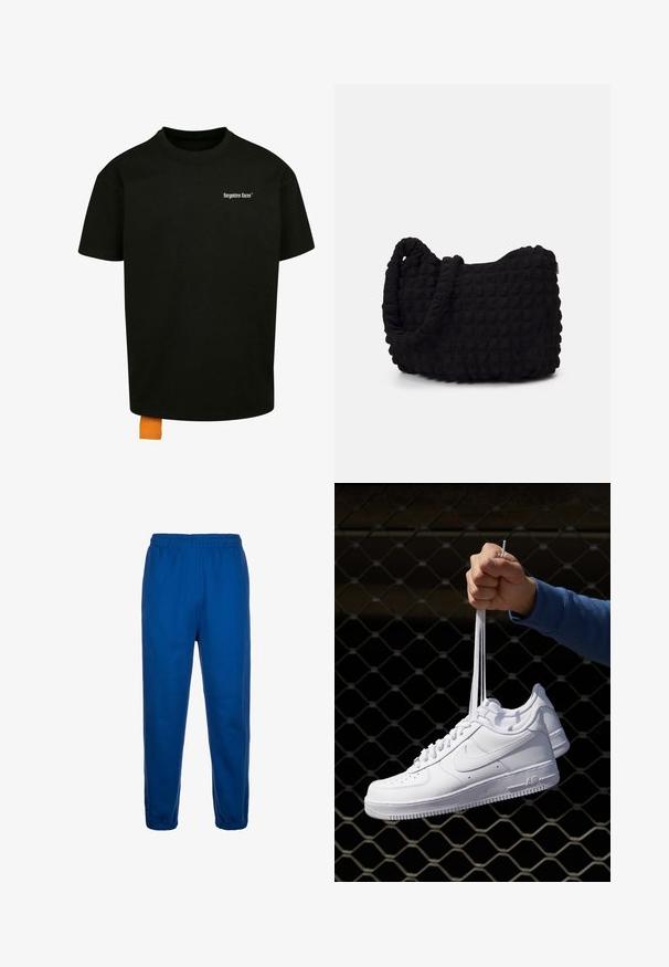 Black cotton t-shirt with a loose fit, crew neck, and short sleeves. Features white text logo on the chest and an orange tag at the hem.; Blue sweatpants made of soft fabric, featuring an elasticated waistband and tapered legs with elastic cuffs at the ankles.; White leather sneakers with perforations, round toe, flat sole, and thick laces, featuring a visible swoosh logo and "AIR" on the heel.; Black fabric bag with a textured, quilted pattern. Rounded shape, short, thick handles, and a soft, flexible structure.