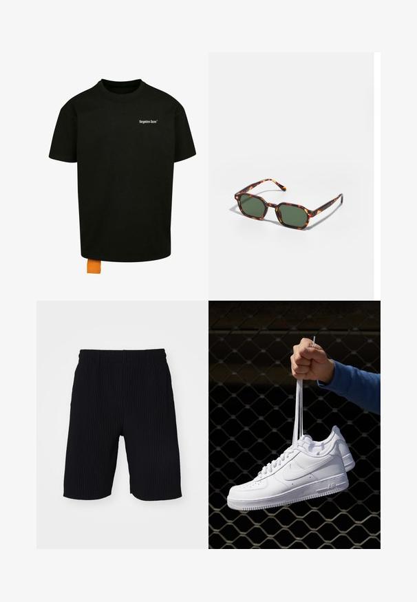 T-shirt en coton noir avec une coupe décontractée, col rond et manches courtes. Présente un logo en texte blanc sur la poitrine et une étiquette orange à l'ourlet.; Only & Sons ONSASHER PLEATED PLISSEE - Short - black; Baskets en cuir blanc avec perforations, à bout rond, semelle plate et lacets épais, arborant un logo swoosh visible et "AIR" sur le talon.; Lunettes de soleil en écaille de tortue avec des verres verts, présentant une forme octogonale et des branches minces et courbées. Le matériau a une finition brillante.