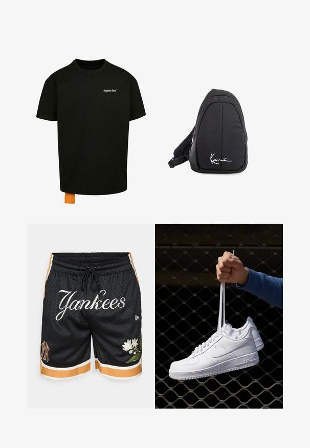 Black cotton t-shirt with a loose fit, crew neck, and short sleeves. Features white text logo on the chest and an orange tag at the hem.; New Era MLB NEW YORK YANKEES FLORAL SHORT - Club wear - black; White leather sneakers with perforations, round toe, flat sole, and thick laces, featuring a visible swoosh logo and "AIR" on the heel.; Black fabric sling backpack with a smooth texture, featuring a curved design, zippered compartment, and a white logo on the front.