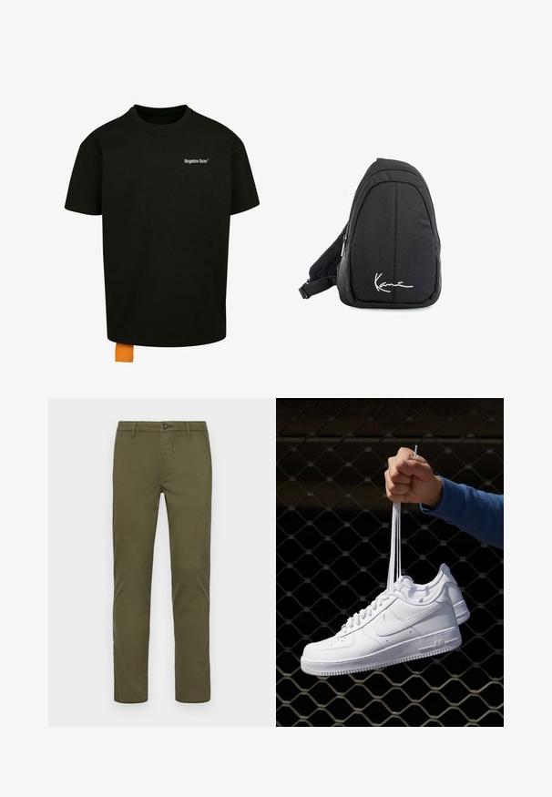 Schwarzes Baumwoll-T-Shirt mit lockerer Passform, Rundhalsausschnitt und kurzen Ärmeln. Mit weißem Textlogo auf der Brust und einem orangefarbenen Etikett am Saum.; Olivgrüne Baumwoll-Chinos mit geradem Beinschnitt, ausgestattet mit einem vorderen Knopfverschluss, Seitentaschen und sauberen Säumen.; Weiße Leder-Sneaker mit Perforationen, runder Zehenpartie, flacher Sohle und dicken Schnürsenkeln, mit sichtbar eingesticktem Swoosh-Logo und "AIR" an der Ferse.; Schwarzer Stoff-Sling-Rucksack mit glatter Textur, gekennzeichnet durch ein geschwungenes Design, ein Reißverschlussfach und einem weißen Logo auf der Vorderseite.