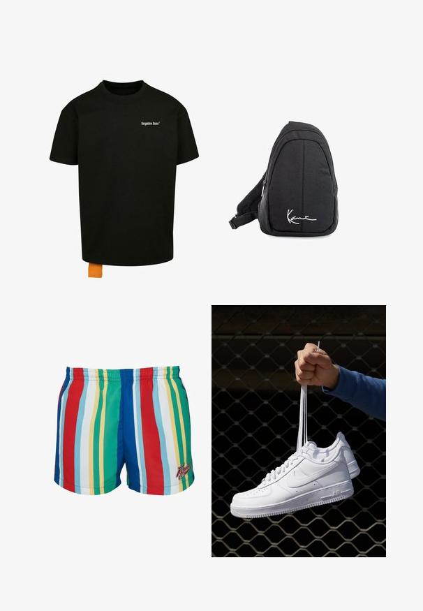 Juodas medvilnės marškinėliai laisvu kirpimu, apvalia iškirpte ir trumpomis rankovėmis. Pirmoje pusėje yra balta tekstinė logo ir oranžinė etiketė ant apačios.; Daugiakampės plaukimo šortai su vertikaliomis raudonos, mėlynos, žalios, geltonos ir baltos spalvų juostomis. Elastingas juosmuo su siuvinėtu logotipu.; Balti odiniai sportiniai bateliai su perforacijomis, apvalia nosimi, plokščiu padu ir storomis raištelėmis, su matomu swoosh logotipu ir "AIR" ant kulno.; Juodas audinio petinis krepšys su lygiu paviršiumi, turintis kreivą dizainą, užtrauktuku uždaromą skyrių ir baltą logotipą priekyje.