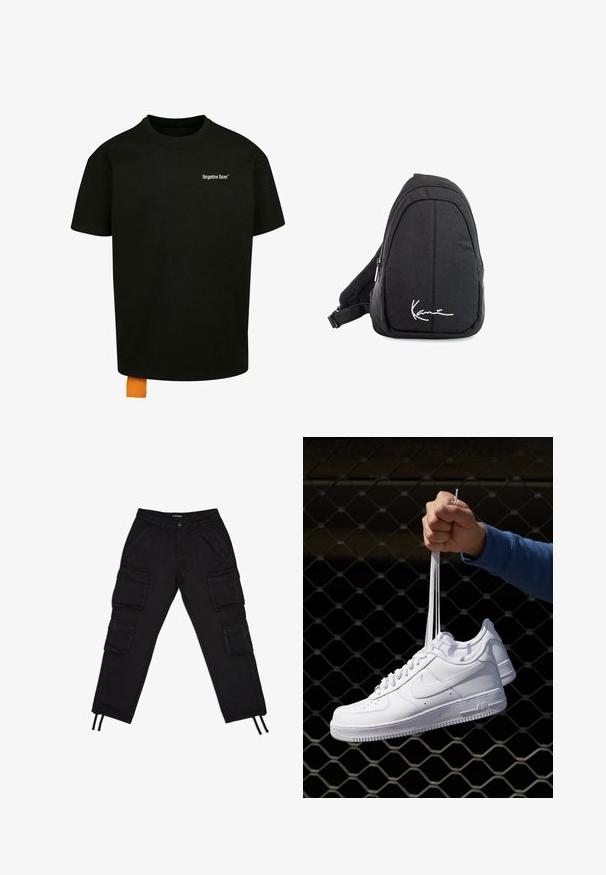 Mustapaita, jossa on löysä istuvuus, pyöreä kaula-aukko ja lyhyet hihat. Rinnassa valkoinen tekstilogo ja hemassa oranssi etiketti.; Musta cargo-housut, joissa useita suuria sivutaskuja, kiristysnauhavyötärö, kapenevat lahkeensuut ja sileä kangaspinta.; Valkoiset nahkasneakersit, joissa on rei'ityksiä, pyöreä kärki, tasapohja ja paksut nauhat, joissa on näkyvä swoosh-logo ja "AIR" kantapäässä.; Musta kangaskassireppu, jossa on sileä pinta, kaareva muotoilu, vetoketjullinen osio ja valkoinen logo etupuolella.