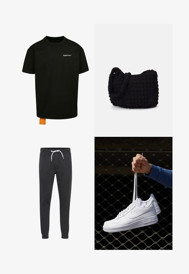 Schwarzes Baumwoll-T-Shirt mit lockerer Passform, Rundhalsausschnitt und kurzen Ärmeln. Mit weißem Textlogo auf der Brust und einem orangefarbenen Etikett am Saum.; Dunkelgraue Sweatpants aus weichem Material, mit einer weißen Kordel, tapered Knöcheln und einem schlichten Design ohne Taschen.; Weiße Leder-Sneaker mit Perforationen, runder Zehenpartie, flacher Sohle und dicken Schnürsenkeln, mit sichtbar eingesticktem Swoosh-Logo und "AIR" an der Ferse.; Schwarze Stofftasche mit einer strukturierten, gesteppten Oberfläche. Abgerundete Form, kurze, dicke Griffe und eine weiche, flexible Struktur.