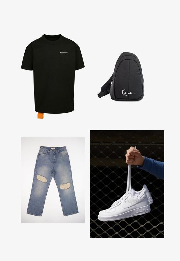 T-shirt en coton noir avec une coupe décontractée, col rond et manches courtes. Présente un logo en texte blanc sur la poitrine et une étiquette orange à l'ourlet.; Jeans en denim bleu clair avec une coupe droite, comportant deux grandes parties déchirées aux genoux et un design standard à cinq poches.; Baskets en cuir blanc avec perforations, à bout rond, semelle plate et lacets épais, arborant un logo swoosh visible et "AIR" sur le talon.; Sac à dos en toile noire avec une texture lisse, arborant un design courbé, un compartiment zippé et un logo blanc sur le devant.
