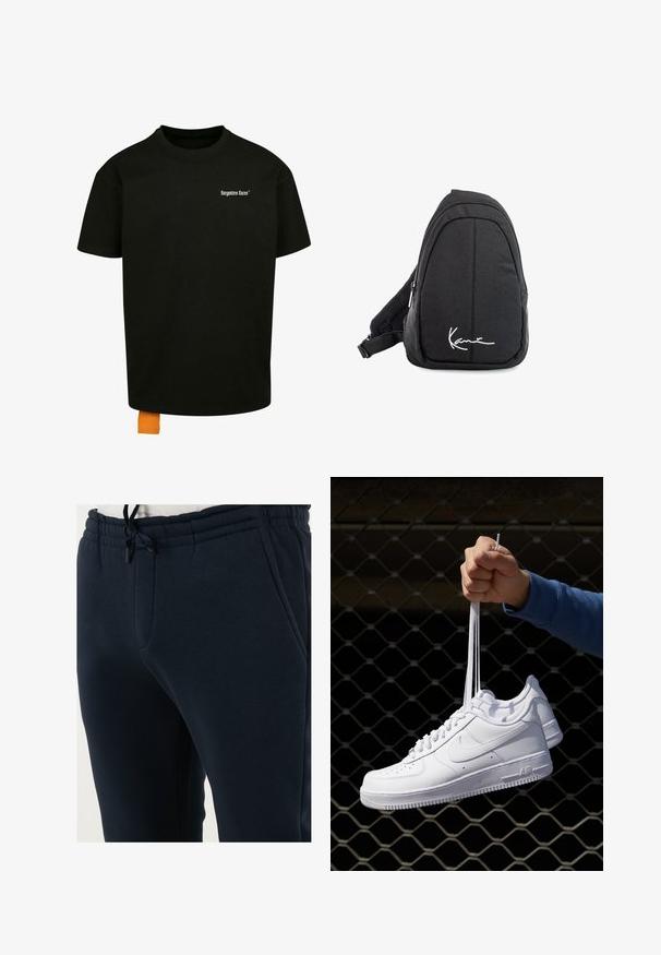 T-shirt nero in cotone con vestibilità ampia, colletto rotondo e maniche corte. Presenta un logo in testo bianco sul petto e un'etichetta arancio sull'orlo.; Pantaloni tuta blu navy realizzati in tessuto morbido, dotati di una cintura elastica con cordino, tasche laterali e design a gamba affusolata.; Sneakers in pelle bianca con perforazioni, punta rotonda, suola piatta e lacci spessi, con logo swoosh visibile e "AIR" sul tallone.; Zaino a tracolla in tessuto nero con una superficie liscia, caratterizzato da un design curvo, scomparto con zip e un logo bianco sul davanti.