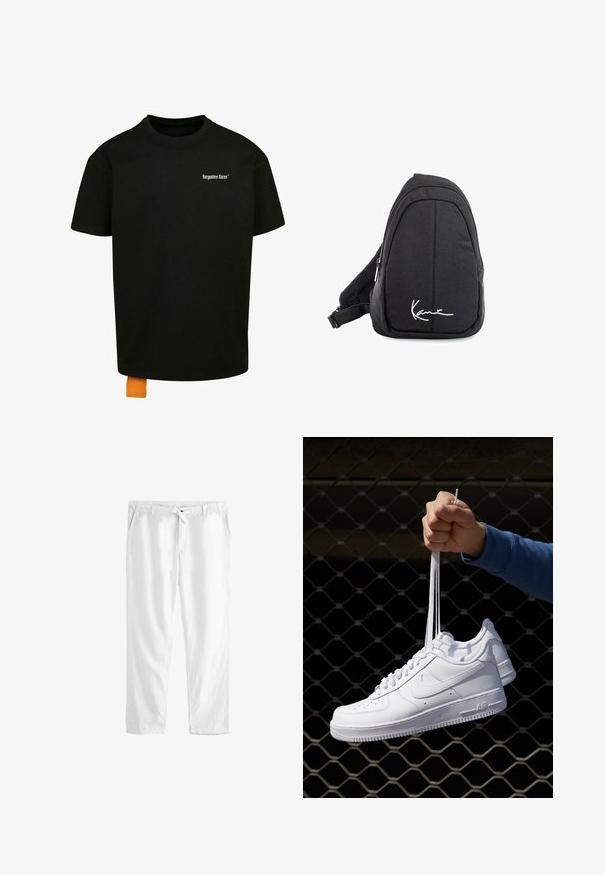 Black cotton t-shirt with a loose fit, crew neck, and short sleeves. Features white text logo on the chest and an orange tag at the hem.; White linen trousers with a drawstring waist, two side pockets, and a loose fit. Smooth texture and straight leg design.; White leather sneakers with perforations, round toe, flat sole, and thick laces, featuring a visible swoosh logo and "AIR" on the heel.; Black fabric sling backpack with a smooth texture, featuring a curved design, zippered compartment, and a white logo on the front.