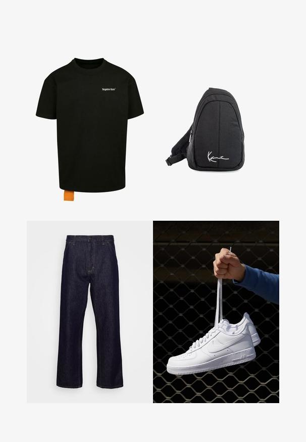 Juodas medvilnės marškinėliai laisvu kirpimu, apvalia iškirpte ir trumpomis rankovėmis. Pirmoje pusėje yra balta tekstinė logo ir oranžinė etiketė ant apačios.; Tamsiai mėlyni tiesių kojų džinsai su priekinėmis kišenėmis, diržo kilpomis, užtrauktuku ir mygtuku, pristatyti prieš paprastą baltą foną.; Balti odiniai sportiniai bateliai su perforacijomis, apvalia nosimi, plokščiu padu ir storomis raištelėmis, su matomu swoosh logotipu ir "AIR" ant kulno.; Juodas audinio petinis krepšys su lygiu paviršiumi, turintis kreivą dizainą, užtrauktuku uždaromą skyrių ir baltą logotipą priekyje.