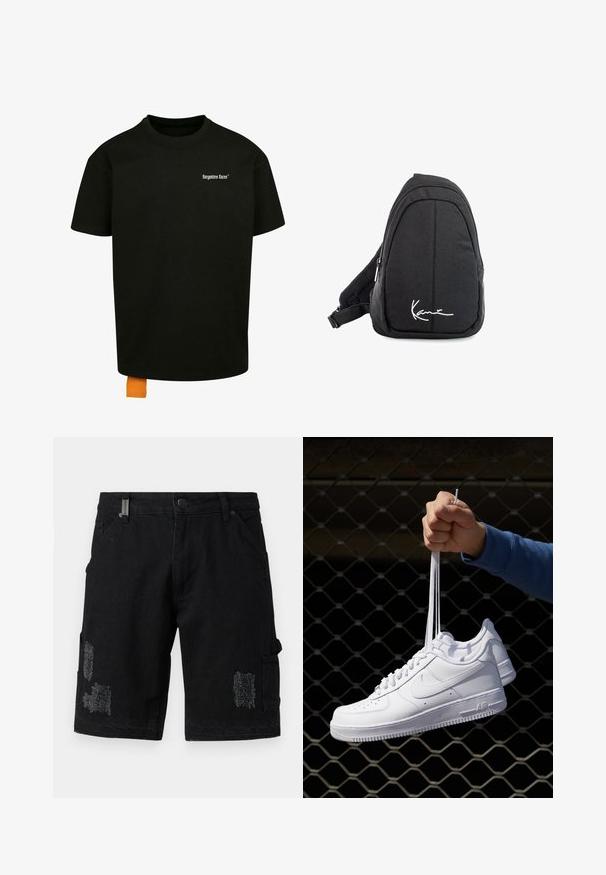 Camiseta de algodón negra con un corte holgado, cuello redondo y mangas cortas. Presenta un logotipo en texto blanco en el pecho y una etiqueta naranja en el dobladillo.; Pantalones cortos de cargo de mezclilla negra con un corte relajado, que presentan parches desgastados, bolsillos frontales y bolsillos de cargo laterales para mayor utilidad.; Zapatillas de cuero blanco con perforaciones, punta redonda, suela plana y cordones gruesos, con un logo de swoosh visible y "AIR" en el talón.; Mochila de tela negra tipo bandolera con una textura suave, que presenta un diseño curvado, un compartimento con cremallera y un logo blanco en la parte frontal.