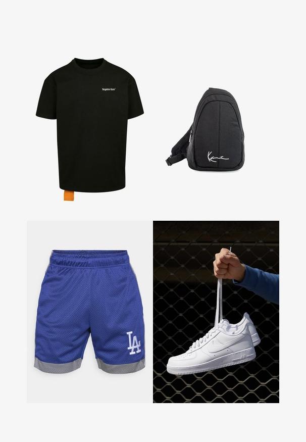 Must must T-särk, millel on lõtv lõige, ümmargune kaelus ja lühikesed varrukad. Rinnal on valge teksti logo ja hemil oranž silt.; Sinine võrgusilma spordilühikesed püksid halli äärega. Omab elastset vööd ja valget "LA" logo vasakul jalal. Kerge ja hingav kangas.; Valged nahast tennisetossud, millel on perforatsioonid, ümar nina, lame tallus ja paksud nöörid, nähtava swooshi logoga ja "AIR" kontsadel.; Mustmust kangas õlakott sujuva tekstuuriga, millel on kaarduv disain, tõmblukuga sektsioon ja valge logo esiküljel.
