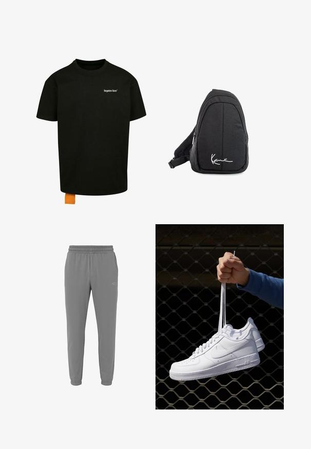 Camiseta de algodón negra con un corte holgado, cuello redondo y mangas cortas. Presenta un logotipo en texto blanco en el pecho y una etiqueta naranja en el dobladillo.; Pantalones deportivos grises fabricados en un tejido suave. Cintura elástica para un buen ajuste, piernas ajustadas y un discreto detalle de logo en la parte delantera.; Zapatillas de cuero blanco con perforaciones, punta redonda, suela plana y cordones gruesos, con un logo de swoosh visible y "AIR" en el talón.; Mochila de tela negra tipo bandolera con una textura suave, que presenta un diseño curvado, un compartimento con cremallera y un logo blanco en la parte frontal.