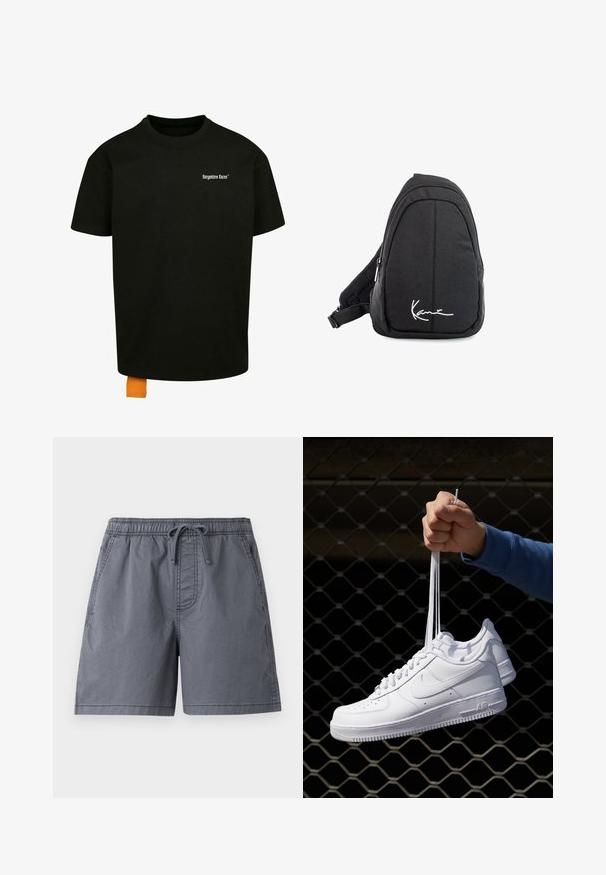 Melnas kokvilnas T-krekls ar brīvu piegriezumu, apaļu kakla izgriezumu un īsām piedurknēm. Uz krūtīm ir balts teksta logo, un apakšmalā ir oranžs uzšuves tags.; Pelēki peldkostīmi, izgatavoti no viegla auduma, ar elastīgu jostasvietu un auklu, sānu kabatām un brīvu piegriezumu.; Baltas ādas sporta apavi ar perforācijām, apaļu purngali, plakanu zoli un biezām šņorēm, ar redzamu swoosh logo un vārdu "AIR" uz papēža.; Melnas auduma siksnu mugursoma ar gludu tekstūru, ar izliekta dizaina, ar rāvējslēdzēju, un uz priekšu ir balts logo.