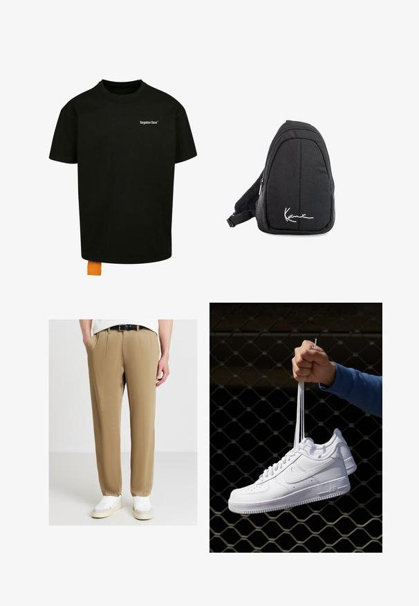 Schwarzes Baumwoll-T-Shirt mit lockerer Passform, Rundhalsausschnitt und kurzen Ärmeln. Mit weißem Textlogo auf der Brust und einem orangefarbenen Etikett am Saum.; Calliope Stoffhose - verde kaki; Weiße Leder-Sneaker mit Perforationen, runder Zehenpartie, flacher Sohle und dicken Schnürsenkeln, mit sichtbar eingesticktem Swoosh-Logo und "AIR" an der Ferse.; Schwarzer Stoff-Sling-Rucksack mit glatter Textur, gekennzeichnet durch ein geschwungenes Design, ein Reißverschlussfach und einem weißen Logo auf der Vorderseite.