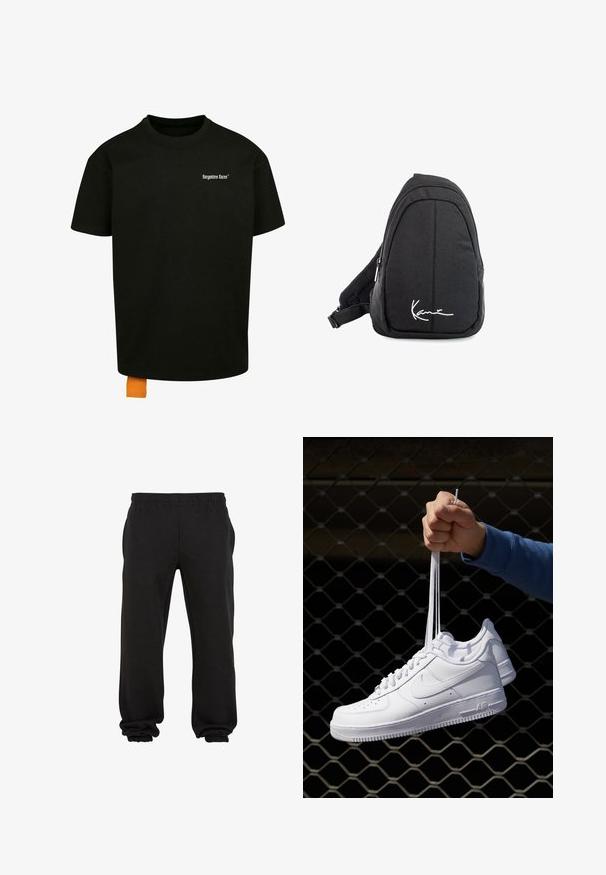 Svart bomulls t-shirt med en lös passform, rundad hals och korta ärmar. Har vit textlogotyp på bröstet och en orange etikett vid fållen.; Svarta sweatpants i mjukt tyg, med elastisk midja och elastiska muddar vid anklarna, vilket ger en avslappnad passform och komfort.; Vita lädersneakers med perforeringar, rund tå, platt sula och tjocka snörning, med en synlig swoosh-logga och "AIR" på hälen.; Svart tyg sling ryggsäck med en mjuk textur, med en rundad design, en dragkedjefack och en vit logotyp på framsidan.