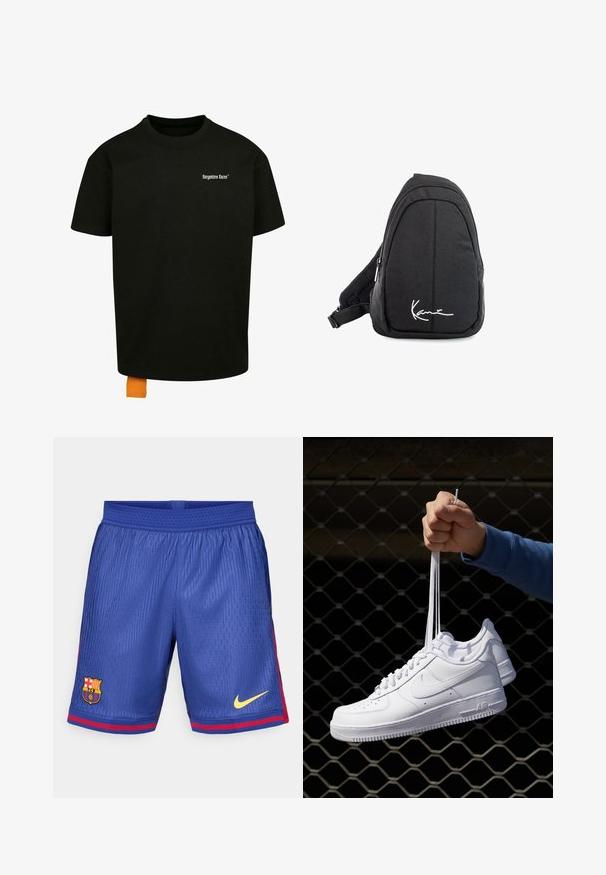 Czarna bawełniana koszulka z luźnym krojem, okrągłym dekoltem i krótkimi rękawami. Zawiera białe logo tekstowe na klatce piersiowej oraz pomarańczową metkę u dołu.; Niebieskie spodenki piłkarskie z siateczkowego materiału, z czerwonym paskiem po boku, logo Barcelony oraz żółtym swoosh Nike.; Białe skórzane sneakersy z perforacjami, okrągłym noskiem, płaską podeszwą i grubymi sznurówkami, z widocznym logo swoosh i napisem „AIR” na pięcie.; Czarny plecak na ramię z gładkiego materiału, o zaokrąglonym kształcie, z zamykaną komorą i białym logo z przodu.